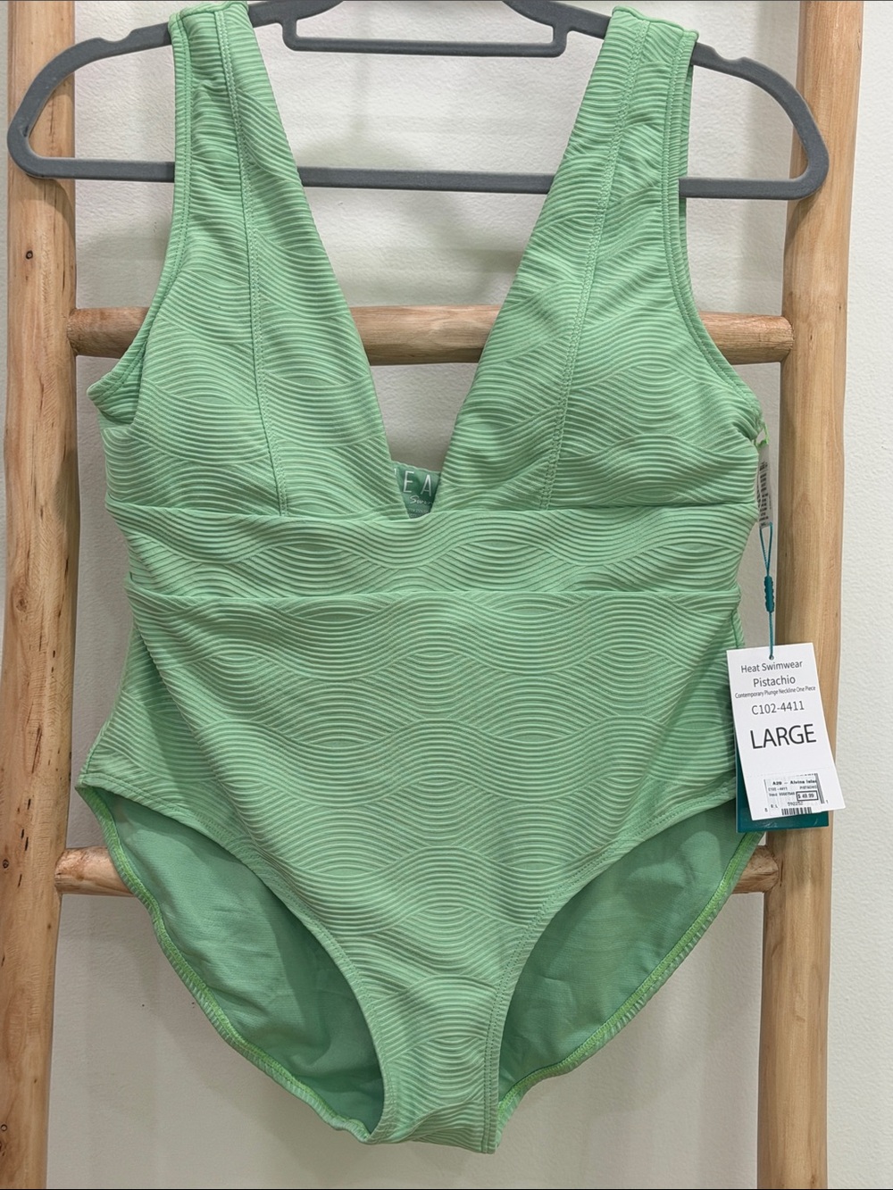 Pistachio V-Neck Textured One-Piece Swimsuit - Large